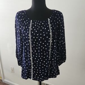 Adrienne Vittadini Navy and White Polka Dot Blouse Size M